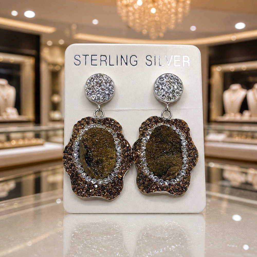 NEW‎ Sterling Silver Druzy Crystal Hang Earrings Special Occasion Luxury Sparkle